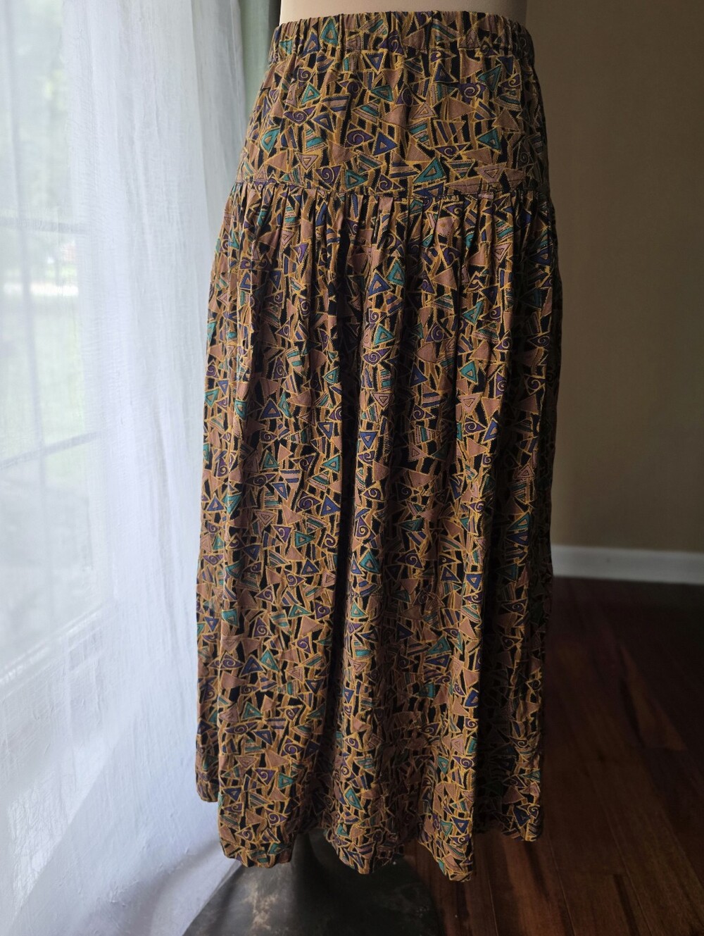 Vintage 80s Abstract Geometric Print High Waist Full Midi Skirt Boho Small